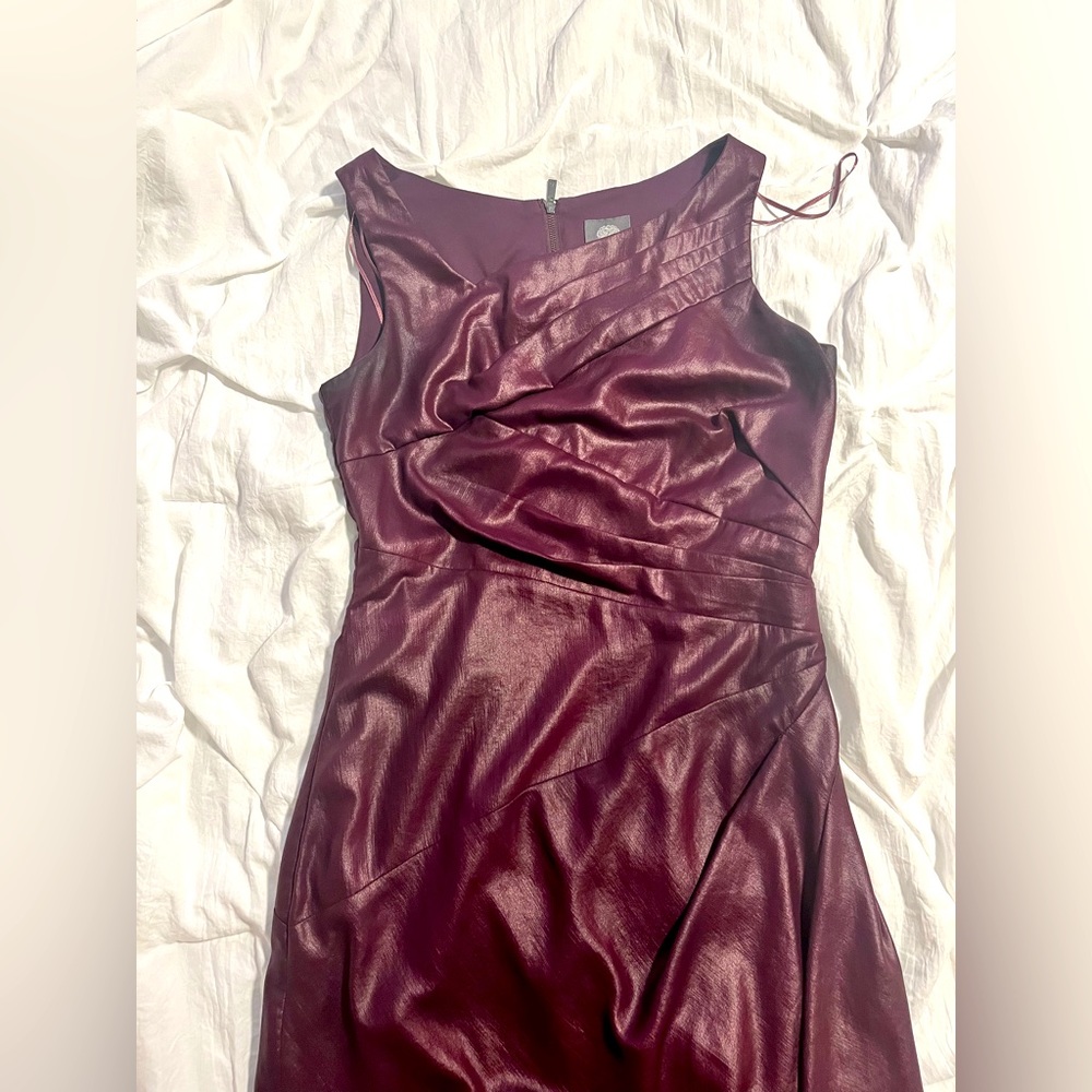 Purple Vince Camuto dress with overlay detail at the bust. Professional/cocktail